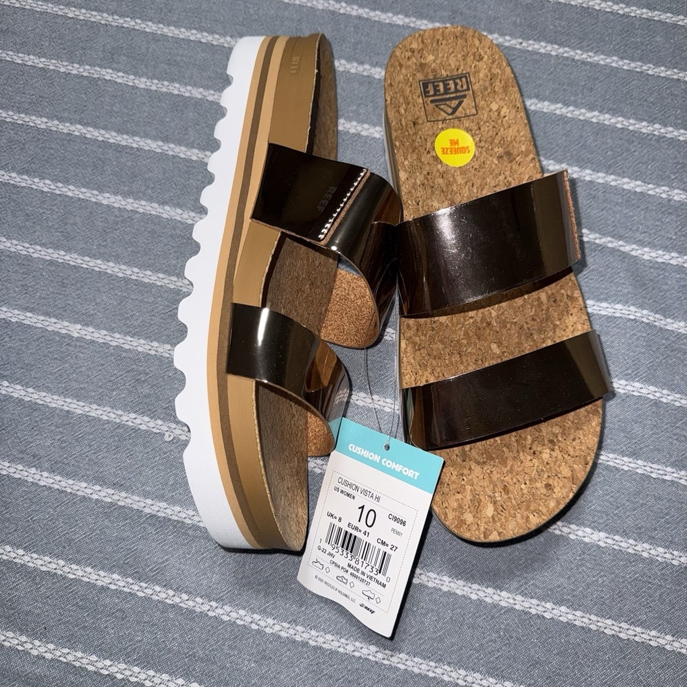 REEF Metallic Cushioned Comfort Slide Sandals Cork Footbed Women's 10 NEW
